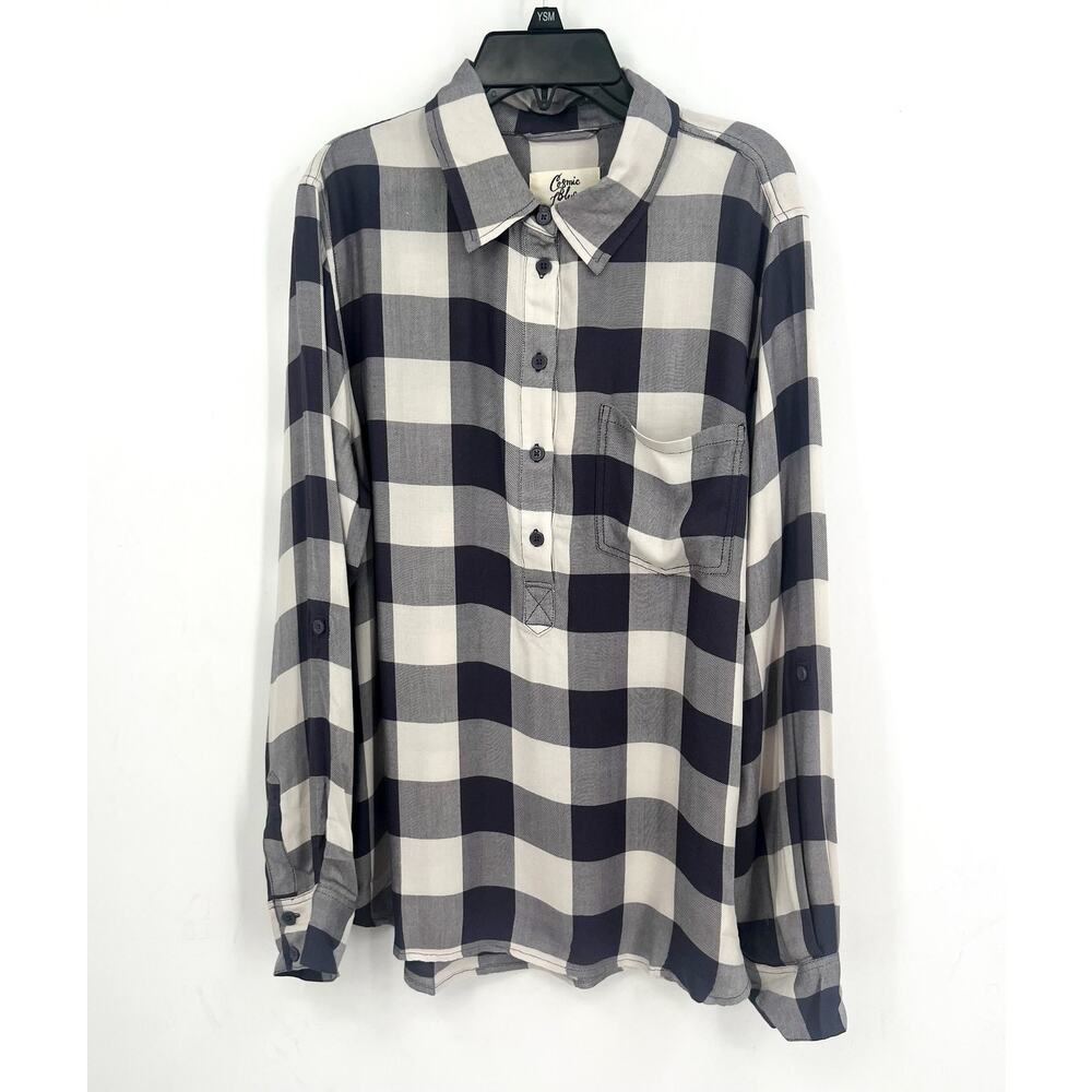 STITCH FIX COSMIC BLUE LOVE Popover Top Shirt Medium Grey White Check NWT